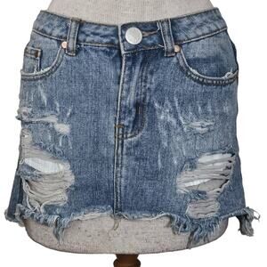 Brooklyn Karma Medium Wash Distressed Denim Mini Skirt Size Small